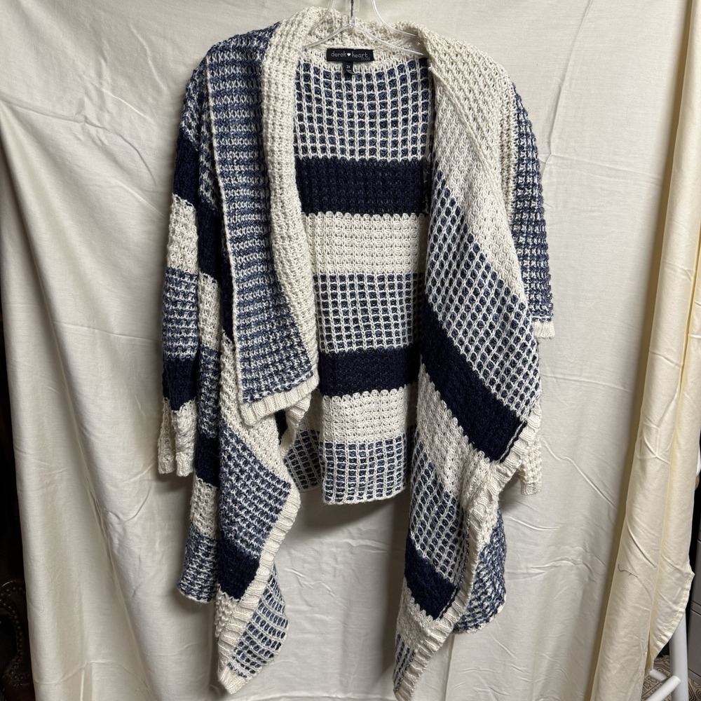 Derek Heart Plus Waffle Knit Open Front Cardigan Blue White 2X